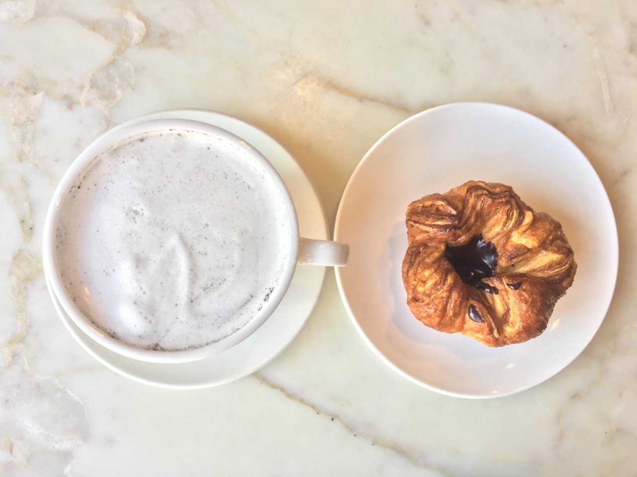 Matcha latte and kouign amman